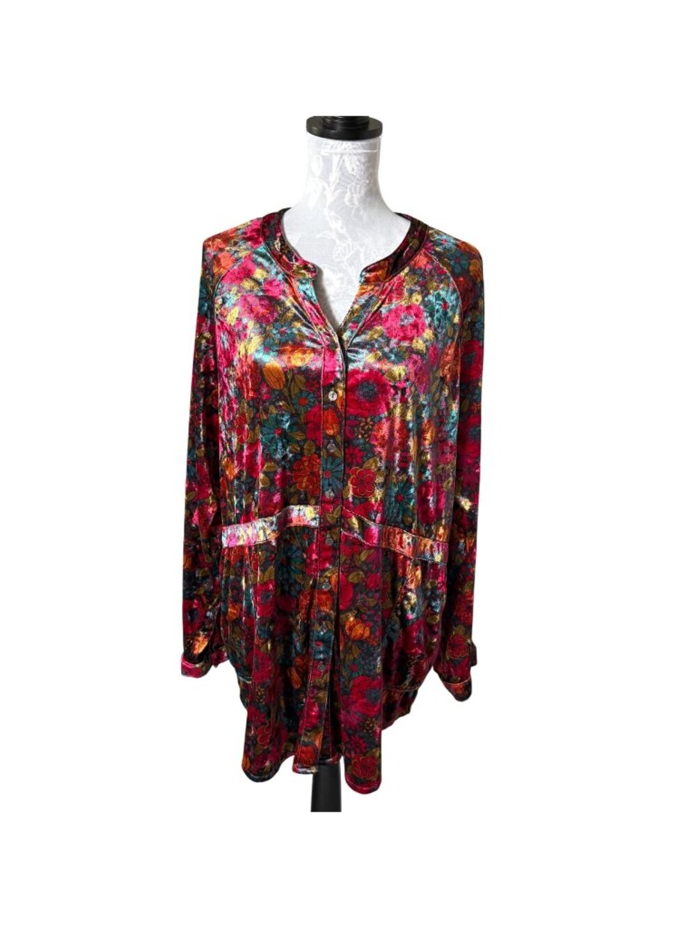 Natural Life Womens Velvet Top Long Sleeve Floral Colorful Boho Large